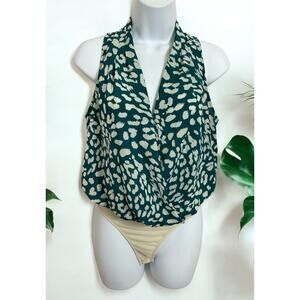 Lush Green Draped V-Neck Bodysuit Sz XS Loose Sleeveless Top Back Peephole